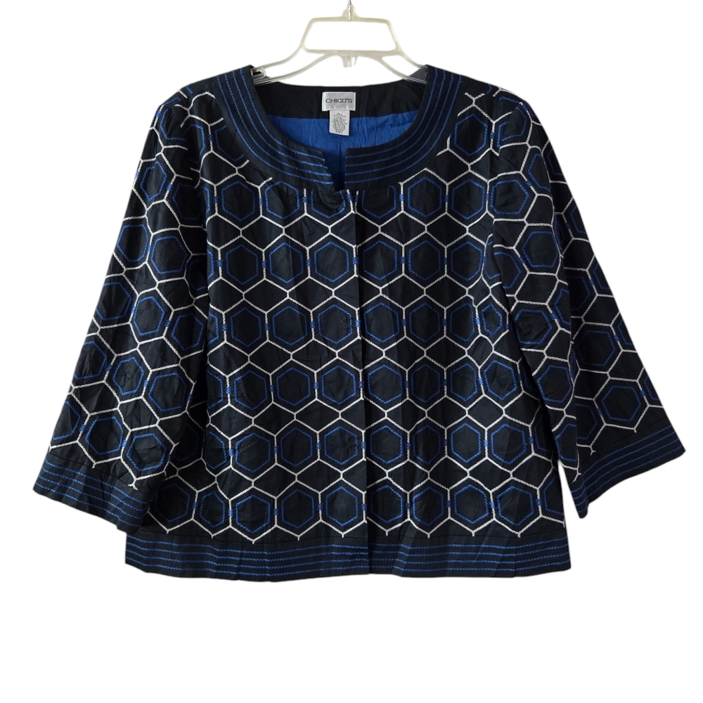 Chico's Sz 2/Large/12 Black Blue White‎ Embroidered Button-Front Jacket